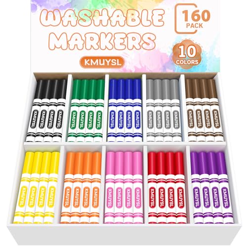 KMUYSL Washable Markers Bulk, 10 Assorted Colors, 160 Count | Broad Line Conical Tip Coloring Markers, School Art Supplies & Back to School Essentials, Teacher Classroom Must Haves