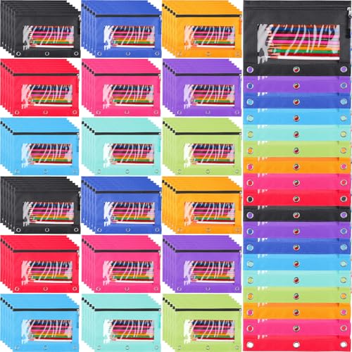 Zhehao 100 Pcs Zipper Binder Pencil Pouches:3 Ring Binder Pencil Pouches with Zipper Window Bulk Clear Pen Bags Case for Office School Classroom Supplies(Single Layer,8 Colors) - color: Delicate Color, style: Single Layer