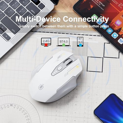 Uineer Wireless Bluetooth Mouse,[Upgraded] Rechargeable Computer Mice (BT 5.0/4.0+2.4G Hz) with Visible Battery Level, 4 Adiustable DPl, Portable PC Mouse for MacBook Chromebook - color: Gray and White