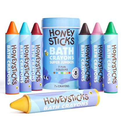 Honeysticks Super Jumbo Bath Crayons Non Toxic (7 Pack) for Toddlers 1-3 and Kids 4-8, Natural Beeswax Crayons, Food-Grade Colors, Fragrance Free, Non Irritating, Bath Toys for Bathtub, Shower, Gift