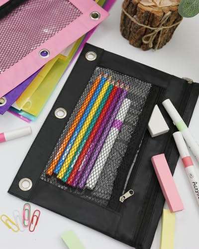 Pencil Pouch for 3 Ring Binder - 3 Hole Zipper Pen Case Bag Holder Bulk Accessories Clear Window Aesthetic Organizer Pockets - color: Black