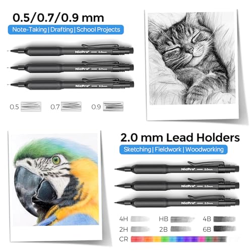 Nicpro 6PCS Weatherproof Mechanical Pencil Set, 3 PCS Art Mechanical Pencils 0.5 mm & 0.7 mm & 0.9 mm & 3 PCS 2mm Lead Holder (6B 4B 2B HB 2H 4H Colors) For Outdoor For Writing, Sketching Drawing - style: 0.5,0.7,0.9,2.0mm(6 Pcs)