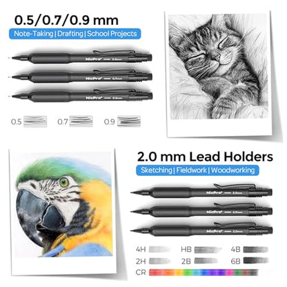 Nicpro 6PCS Weatherproof Mechanical Pencil Set, 3 PCS Art Mechanical Pencils 0.5 mm & 0.7 mm & 0.9 mm & 3 PCS 2mm Lead Holder (6B 4B 2B HB 2H 4H Colors) For Outdoor For Writing, Sketching Drawing - style: 0.5,0.7,0.9,2.0mm(6 Pcs)