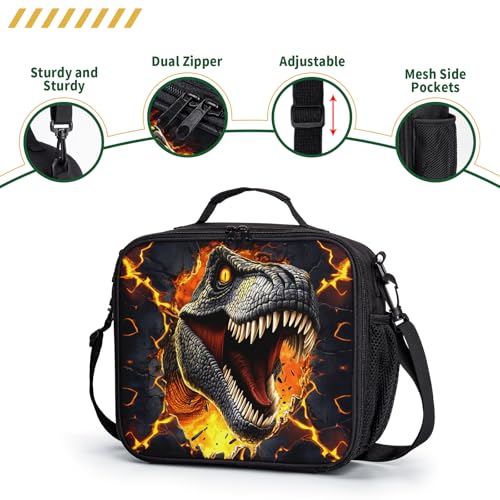 Dinosaur Lunch Box with Shoulder Strap for Kids T-rex Out of Lava Lunch Boxes for Boys Girls Durable Insulated Lunch Cooler Bag Thermal Meal Tote for School Picnic - color: A-T-rex