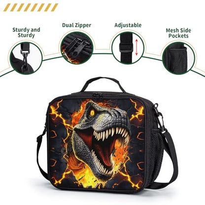 Dinosaur Lunch Box with Shoulder Strap for Kids T-rex Out of Lava Lunch Boxes for Boys Girls Durable Insulated Lunch Cooler Bag Thermal Meal Tote for School Picnic - color: A-T-rex