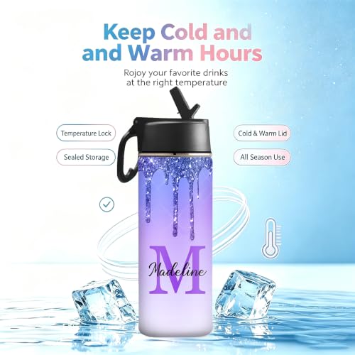 MyPupSocks Personalized Kids Water Bottle, Custom Name Stainless Steel Water Bottle for Girls Boys, 18oz Insulated Leakproof Bottle with Straw Lid, Unique Back to School Gift for Students - color: Color 97