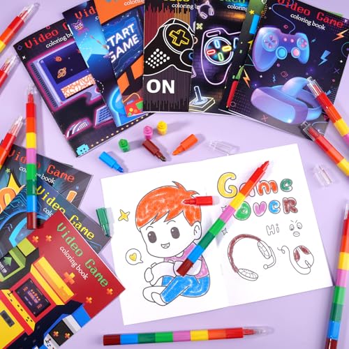 BenLouis 24 Video Game Mini Coloring Books Kids with 24 Stacking Crayons Gaming Party Favors Activity Books Bulk for Kids Boys Neon Game Level Up Goodie Bag Gift Stuffer Classroom Reward - style: Video Game