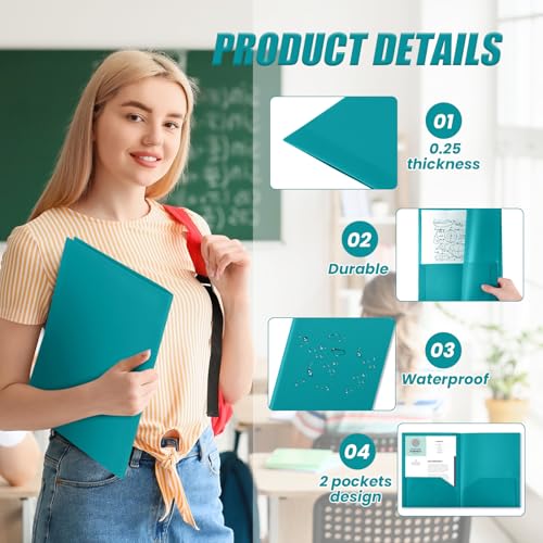 Gueevin 100 Pack Plastic Folder with Pockets, 2 Pocket Folders, Plastic Glossy Folders Fit Letter Size Paper, Heavy Duty Durable File Folder with Business Card for Home Office School (Turquoise Green) - color: Turquoise Green
