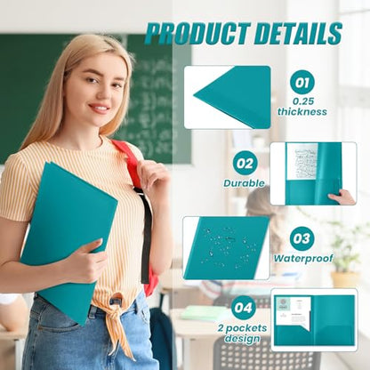 Gueevin 72 Pack Plastic Folder with Pockets, 2 Pocket Folders, Plastic Glossy Folders Fit Letter Size Paper, Heavy Duty Durable File Folder with Business Card for Home Office School (Turquoise Green) - color: Teal Green