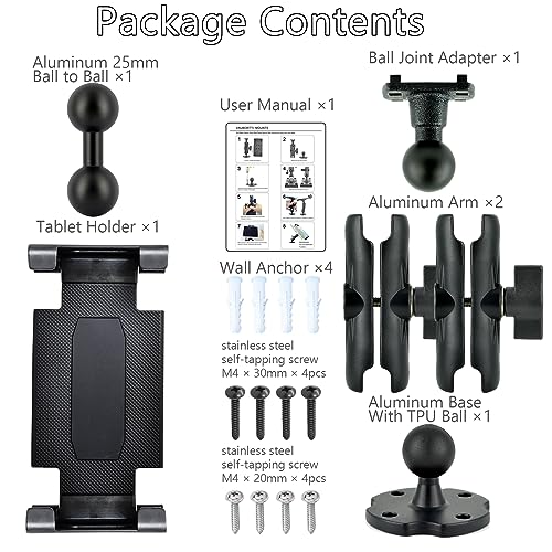 VAUBORTTI Aluminum Heavy-Duty Dual Arm Tablet Mount with 4-Point 360° Rotation Drill Base - Fits 6.5"-12.9" Tablets (iPad, Galaxy Tab, Surface) - Versatile Mounting for Homes, Businesses, Vehicles