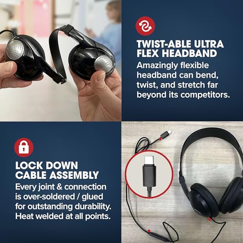 SENTRY Bulk 8 Pack Rugged School Headphones, USB C Jack Connection, Durable for Kids, Students, Teachers, Classrooms, Braided Cable, Inline Microphone, for Online Learning