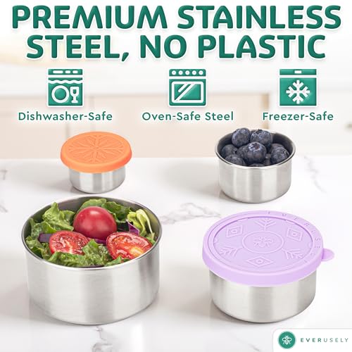 Everusely - Stainless Steel Food Containers - 4 Pack, Garden Harvest - Metal Lunch Box - Nesting Snack Containers for Office, Home Food Storage - Leakproof Silicone Lids - Dishwasher and Freezer Safe - color: Pack of 4