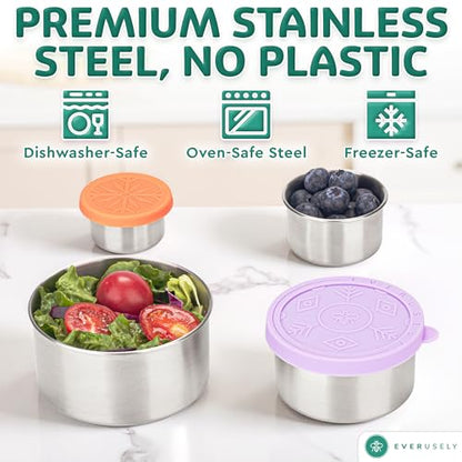 Everusely - Stainless Steel Food Containers - 4 Pack, Garden Harvest - Metal Lunch Box - Nesting Snack Containers for Office, Home Food Storage - Leakproof Silicone Lids - Dishwasher and Freezer Safe - color: Pack of 4