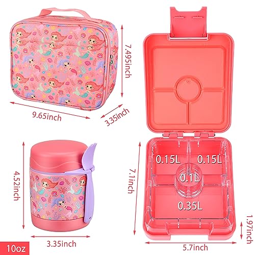 Bento Lunch Box Set for Kids with 10oz Soup Thermo, Leak-Proof Lunch Containers with 4 Compartment, Kids Thermo Hot Food Jar and Insulated Lunch Bag for Kid to School,BPA-Free(Mermaid) - color: Mermaid