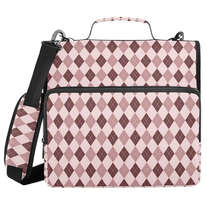 Brown Pink Diamond Checkered Plaid Striped Binder Bag 3 Ring Zipper Binders with Shoulder Strap for School Office Organizer Storage - color: Q010