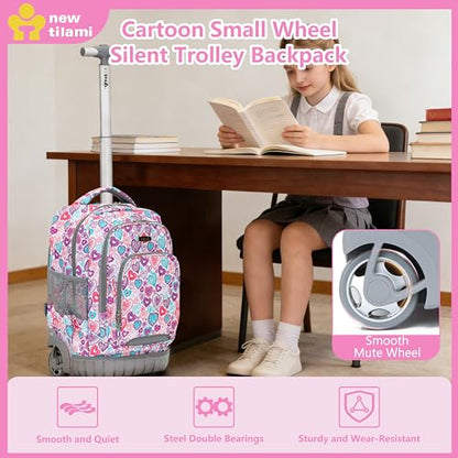 NEW TILAMI Rolling Backpack for Kids 18 Inch Wheeled Laptop Backpack Kids School Travel - color: Pink Love