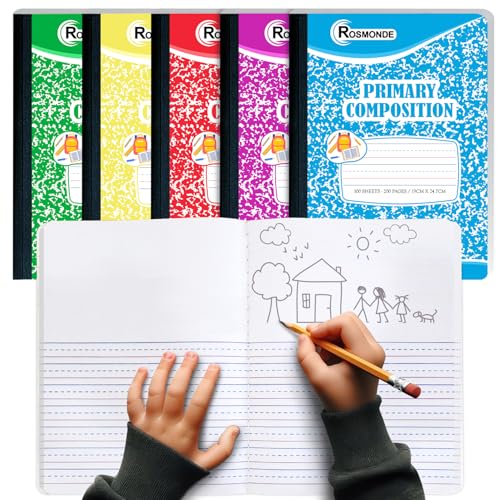 Rosmonde 5 Pack Primary Composition Notebook, 200 Pages (100 Sheets), Drawing Story Journal Writing Notebook, 9-3/4 x 7-1/2, Primary Composition Notebooks, Grades K-2, With Header For Drawing - size: 5 Pack