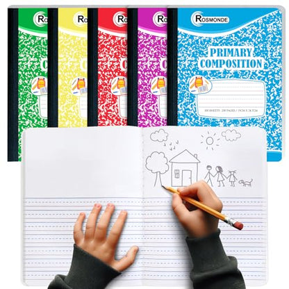 Rosmonde 5 Pack Primary Composition Notebook, 200 Pages (100 Sheets), Drawing Story Journal Writing Notebook, 9-3/4 x 7-1/2, Primary Composition Notebooks, Grades K-2, With Header For Drawing - size: 5 Pack