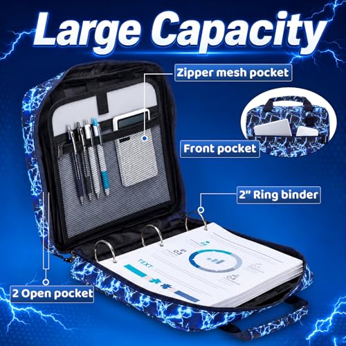 Zipper Binder Folder Keeper with Strap 2 Inch 3 Ring Multi-Pocket Zipper Bag for 13" Laptop 5-tab Expanding File Folder for Women Men Office Middle High School(Blue,Lightning) - color: Blue, style: Lightning