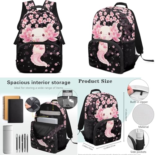 17 Inch Kid's 4PCS Backpack Set, Back to School Essentials | Insulated lunch box, water bottle pouch, pencil case, lightweight, padded shoulder straps, for elementary, middle school - color: Pink Axolotl-3