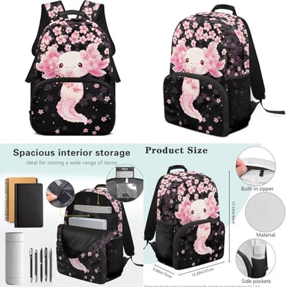 17 Inch Kid's 4PCS Backpack Set, Back to School Essentials | Insulated lunch box, water bottle pouch, pencil case, lightweight, padded shoulder straps, for elementary, middle school - color: Pink Axolotl-3
