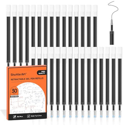 Retractable Gel Pen Refills, Shuttle Art 30 Pack Black Rollerball Gel Ink Pens Refills, Bulk Set, 0.7mm Fine Point for Writing Journaling Taking Notes School Office Home - color: Black, size: 30 Count (Pack of 1)