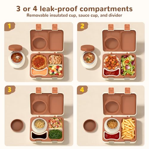 Bento Box for Kids, Leakproof Kids Bento Lunch Box Container with 8oz Insulated Thermo Food Jar, Sauce Jar, Utensil, DIY Stickers for School Boys Girls, 3-4 Compartments, BPA-Free - color: Beige