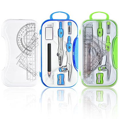 Coopay 2 Sets Math Geometry Kit, 10 Pieces Student Supplies Per Set Includes Ruler, Triangles, Protractor, Compass, Eraser, Pencil Sharpener, Lead Refills, Pencil, for Drafting and Drawings