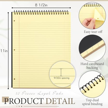 MotiMind 10 Pack 8.5" x 11" Top Spiral Notebook with 3 Hole Punched Yellow Legal Pads College Ruled Notepad 50 Sheets Hard Cardboard Paper Wirebound Notepad for Office School Business - color: Yellow