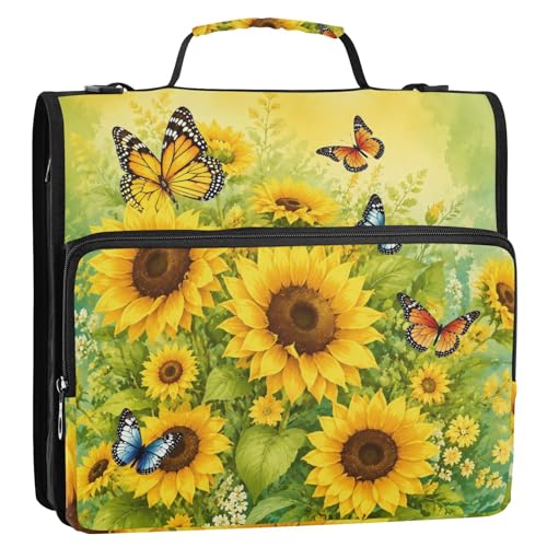 Zipper 3 Ring Binder Bag Sunflowers Floral Expanding File Portfolio Storage Organizer 2-Inch, 500 Sheets Multi-Pocket Shoulder Strap for School Office Kids Adults - color: Navy Grey Sunflowers
