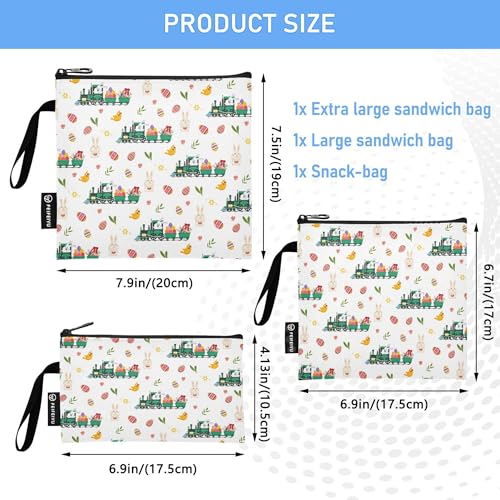 Reusable Food Storage Bags Easter Rabbit 3 Pack Set Lunch Bag Compact Sandwich Snack Bag Small Medium Large for Lunch, Travel & Organization - color: Bag 24