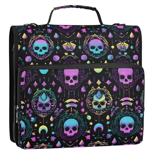 3 Ring Zipper Binder Magic Skull Binders Bag with Shoulder Strap 500 Sheets Paper Organizer Trapper Keeper Documents Storage File Folder for School Office - color: A854