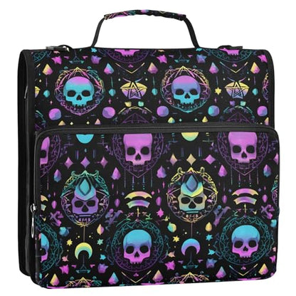 3 Ring Zipper Binder Magic Skull Binders Bag with Shoulder Strap 500 Sheets Paper Organizer Trapper Keeper Documents Storage File Folder for School Office - color: A854