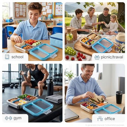 Leak-Resistant 18/8 Stainless Steel Bento Lunch Box Kids 7+ and Adults | 2 Swappable Style Accessories, BPA-Free Tritan Lid, Dishwasher Safe, School, Office & Travel - color: Blue