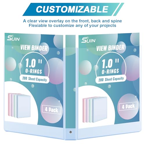 SUIN 1 Inch 3 Ring Binder, Clear 1'' View Binders with 2 Pockets, Fits 8.5 x 11 Letter Size, Durable Polypropylene, Non-Stick & PVC-Free for School, Office & Home (Pastel Blue, Green, Purple and Pink) - color: Pastel Blue, Green, Purple and Pink