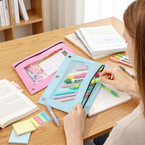 SUNEE Pencil Pouch for 3-Ring Binder, Large Pencil Case with 3 Reinforced Grommets, Zipper Pencil Pouch, Clear Window Pencil Case, Binder Accessories, Light Green - color: Light Green