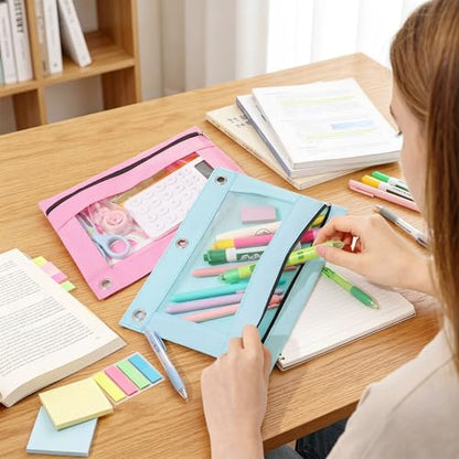 SUNEE Pencil Pouch for 3-Ring Binder, Large Pencil Case with 3 Reinforced Grommets, Zipper Pencil Pouch, Clear Window Pencil Case, Binder Accessories, Light Green - color: Light Green