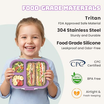 LOHASOK Kids Stainless Steel Lunch Bento Box BPA-Free Leak-Proof Tritan Lid 304 Metal Food Container with 3 Compartments for Girls Boys School Purple - color: Purple, size: 27oz/800ml