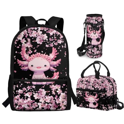 CLOHOMIN 3 in 1 Backpack with Lunch Box for Kids Cute Axolotl Bookbag for School Girls Lunch Bag and Water Bottle Bag Cherry Blossom Schoolbag for Elementary Middle School, 17 Inch - color: Axolotl Cherry Blossom