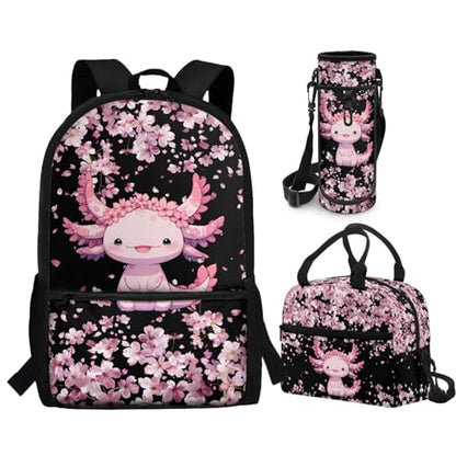 CLOHOMIN 3 in 1 Backpack with Lunch Box for Kids Cute Axolotl Bookbag for School Girls Lunch Bag and Water Bottle Bag Cherry Blossom Schoolbag for Elementary Middle School, 17 Inch - color: Axolotl Cherry Blossom