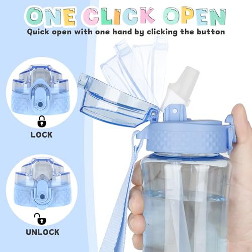 OLDLEY 12oz Kids Water Bottle, Tritan BPA-Free, Leakproof Flip Straw Lid, Motivational Time Marker, Carry Strap, Reusable Clear Water Bottle for Boys & Girls,Baby Blue - color: Baby Blue, style: 12 Ounces
