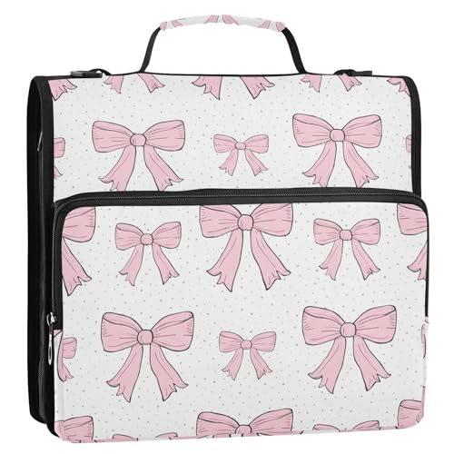 Pink Bows Waterproof Zipper Binder with Shoulder Strap, 3-Ring Trapper Keeper with Lay-Flat Design and Multiple Compartments for School & Office, Adults & Kids