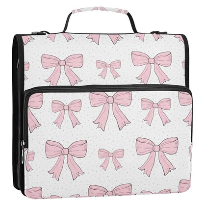 Pink Bows Waterproof Zipper Binder with Shoulder Strap, 3-Ring Trapper Keeper with Lay-Flat Design and Multiple Compartments for School & Office, Adults & Kids