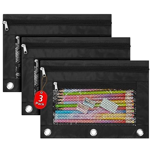 IKAYAS 3 Pack Pencil Pouch for 3 Ring Binder with Zipper, Pencil Pouch Bags for Classroom, Black - color: Black