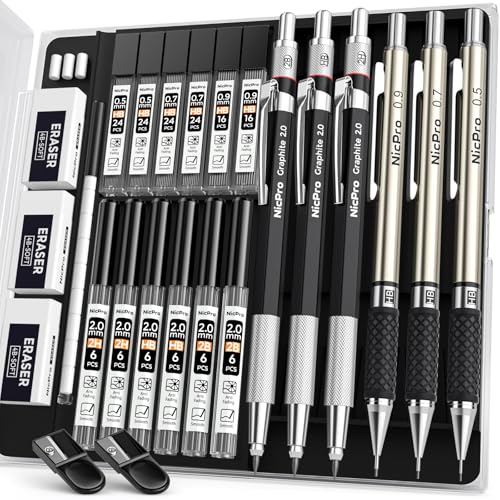 Nicpro 6PCS Art Mechanical Pencil Set, 3PCS Metal Drafting Pencil 0.5 mm & 0.7 mm & 0.9 mm & 3PCS 2mm Graphite Lead Holder (2B HB 2H) For Writing, Sketching Drawing With Lead Refills Case - color: Silver