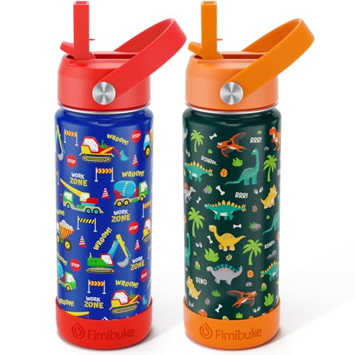 Fimibuke Kids Insulated Water Bottle, 18oz BPA FREE Kids Cups with Straw Double Wall Vacuum Tumbler 18/8 Stainless Steel Leak Proof Toddler Water Bottle for School Boys Girls (2 Pack, Dinosaur/Truck) - color: A8. Trucks+Green Dinosaur