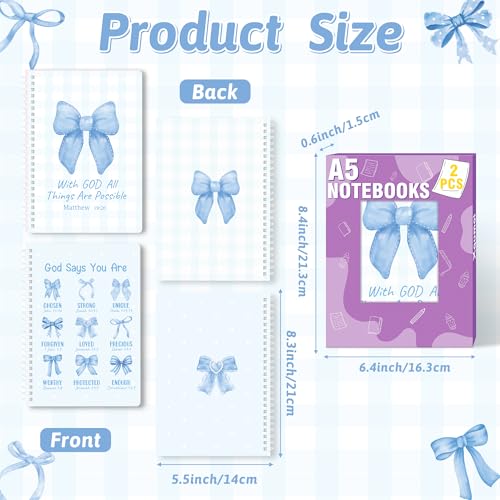 Xqumoi 2 Pack A5 Blue Bow Coquette Religious Spiral Notebooks - Motivational Bible Verses Writing Notebooks, Ruled Lined Journal, Christian Christmas Gift, Sunday School Supplies - style: L-Blue Bow Religious