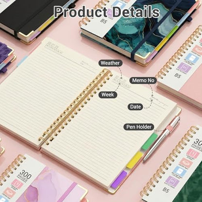 Hardcover Spiral Journal Notebook, 300 Pages 5 Subject Notebook College Ruled with Removable Dividers Tabs, 8" x 10" Notebooks for Work, Spiral Ruled Lined Writing Journal Hardcover Leather Notebook for School (Black, 8''x 10'') - color: New Black