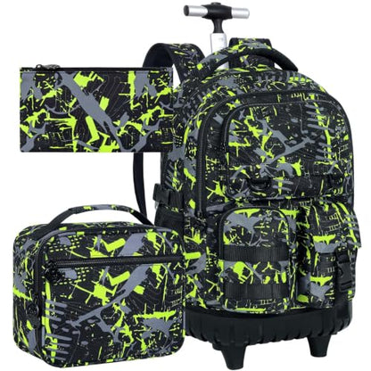 WZLVO 3PCS Roller Backpack, Water Resistance Boys Wheeled Bookbag, Rolling School Bag Set with Lunch Box & Pencil Bag for Teens & Kids - Spray Painted Green - color: 3pcs Boys Rolling Backpack - Spray Painted Green