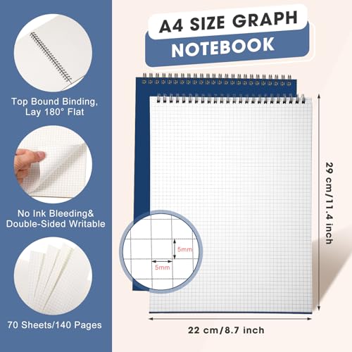 Engrowtic 2 Pack Top Spiral Graph Paper Notebooks 8.7 X11.4 Inch A4 Grid Paper Notepad 70 Sheet Memo Steno Pad for Engineering Writing Sketching Drawing School Office Supplies (Dark Blue) - color: Dark Blue